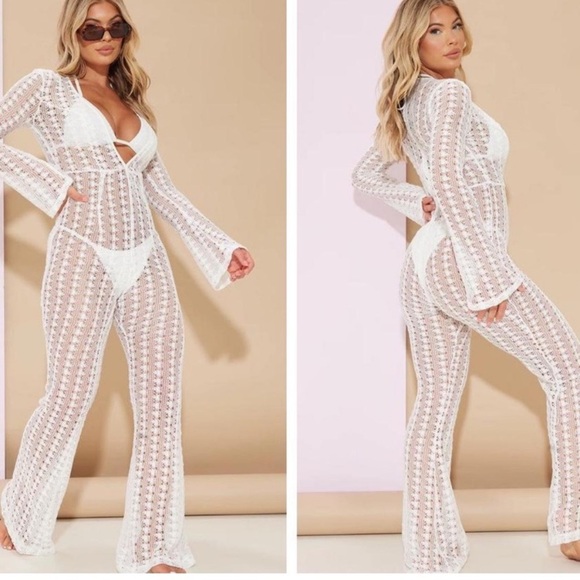 PrettyLittleThing Other - PrettyLittleThing Beach White Crochet Jumpsuit NWT
